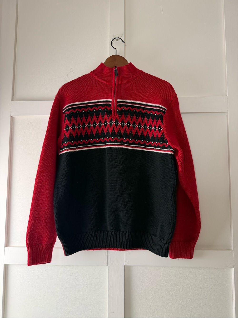 CHAPS Red Black Fair Isle Nordic Quarter Zip Cotton Sweater L
